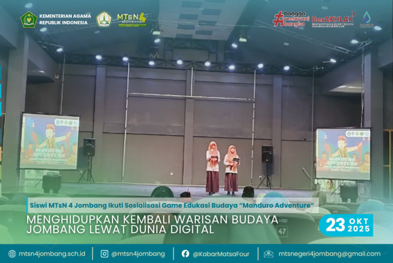 Siswi MTsN 4 Jombang Ikuti Sosialisasi Game Edukasi Budaya “Manduro Adventure” — Menghidupkan Kembali Warisan Budaya Jombang Lewat Dunia Digital 1 Menghidupkan Kembali Warisan Budaya Jombang Lewat Dunia Digital