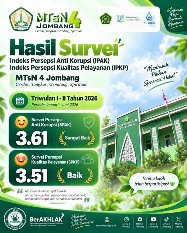 Wujud Komitmen Pelayanan Publik & Integritas: MTsN 4 Jombang Rilis Hasil Survei IPAK dan IPKP Triwulan I-II Tahun 2026 2 10222d22 731a 459d 96e0 935cc79c2393 1